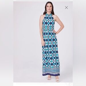 Sandra Darren Ikat Halter Maxi Dress Sleeveless White Navy Blue size 12